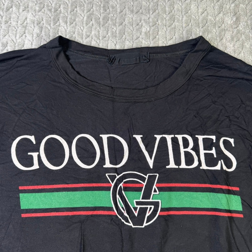 Know One Cares Good Vibes Graphic Tee Black Short Sleeve Boxy T-Shirt Stretch - Picture 2 of 8